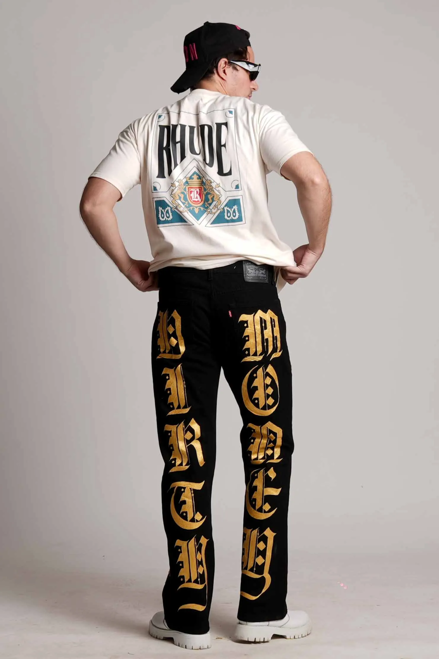 2023 ‘DIRTY MONEY ‘ GOLD METALLIC CROSS VALKYRE JEANS