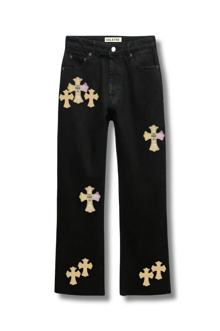 2023 ‘DIRTY MONEY ‘ GOLD METALLIC CROSS VALKYRE JEANS