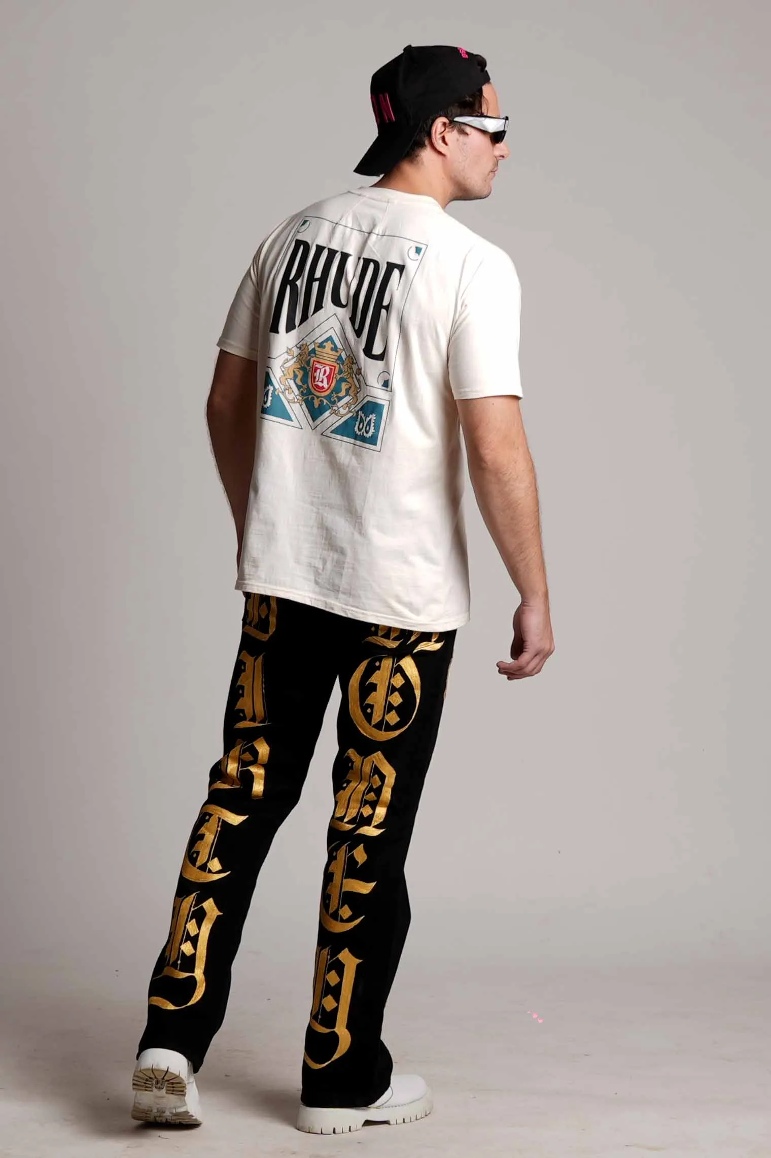 2023 ‘DIRTY MONEY ‘ GOLD METALLIC CROSS VALKYRE JEANS