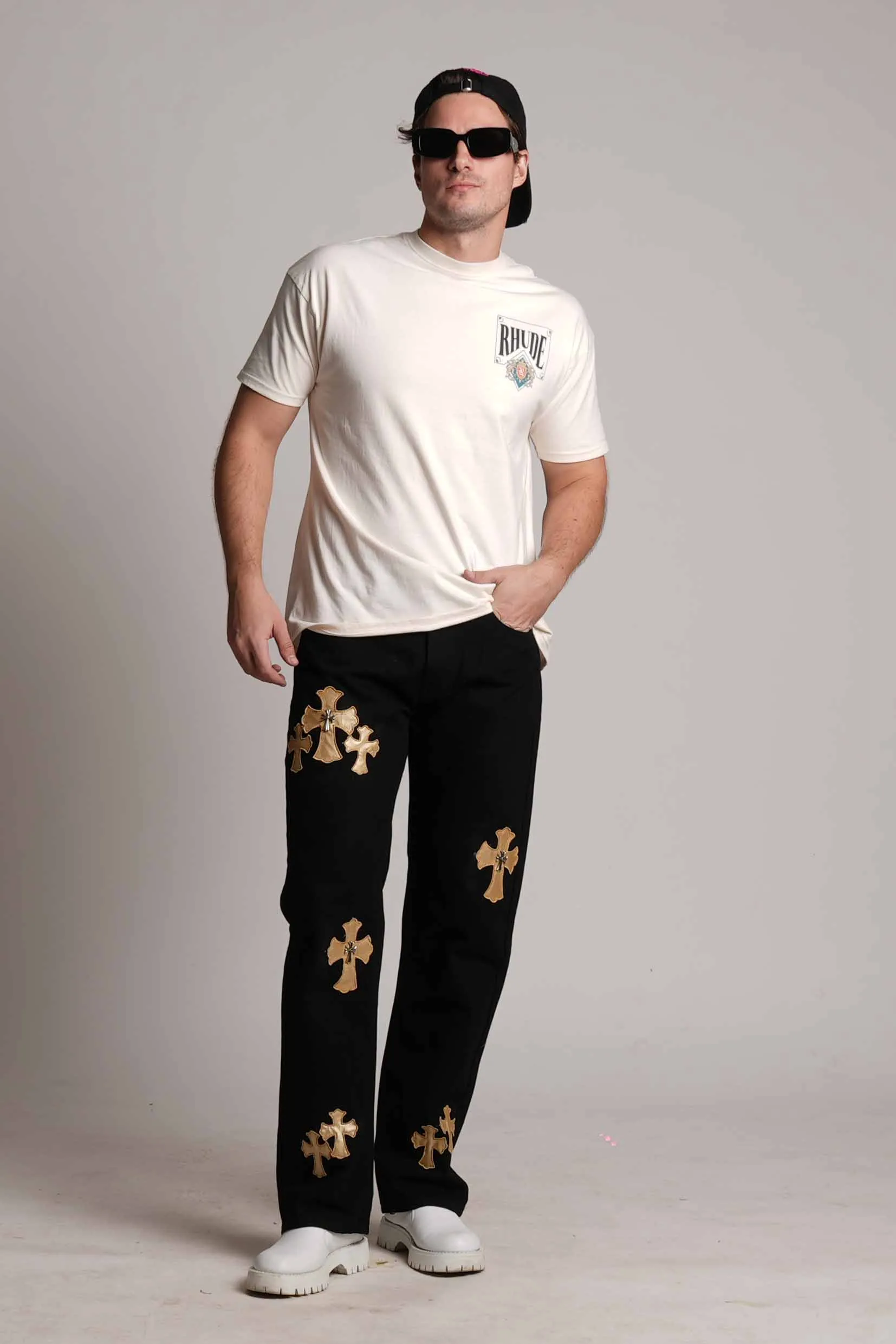 2023 ‘DIRTY MONEY ‘ GOLD METALLIC CROSS VALKYRE JEANS