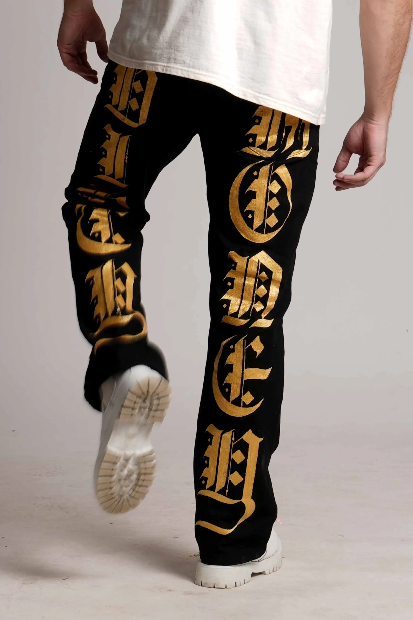 2023 ‘DIRTY MONEY ‘ GOLD METALLIC CROSS VALKYRE JEANS