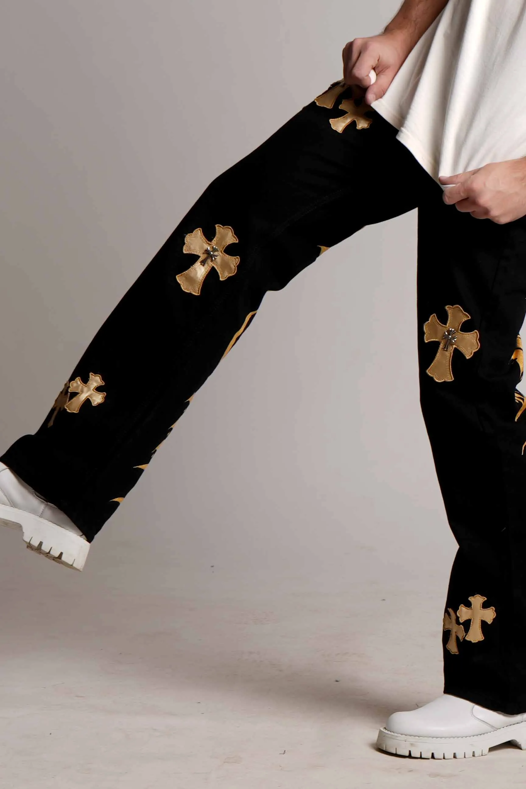 2023 ‘DIRTY MONEY ‘ GOLD METALLIC CROSS VALKYRE JEANS