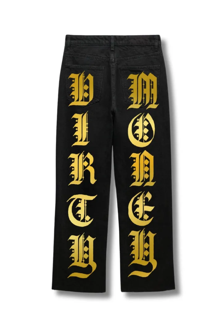 2023 ‘DIRTY MONEY ‘ GOLD METALLIC CROSS VALKYRE JEANS