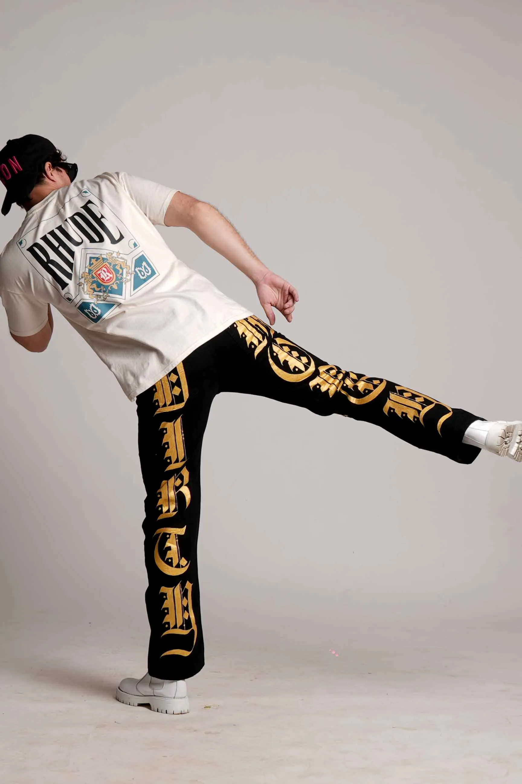 2023 ‘DIRTY MONEY ‘ GOLD METALLIC CROSS VALKYRE JEANS