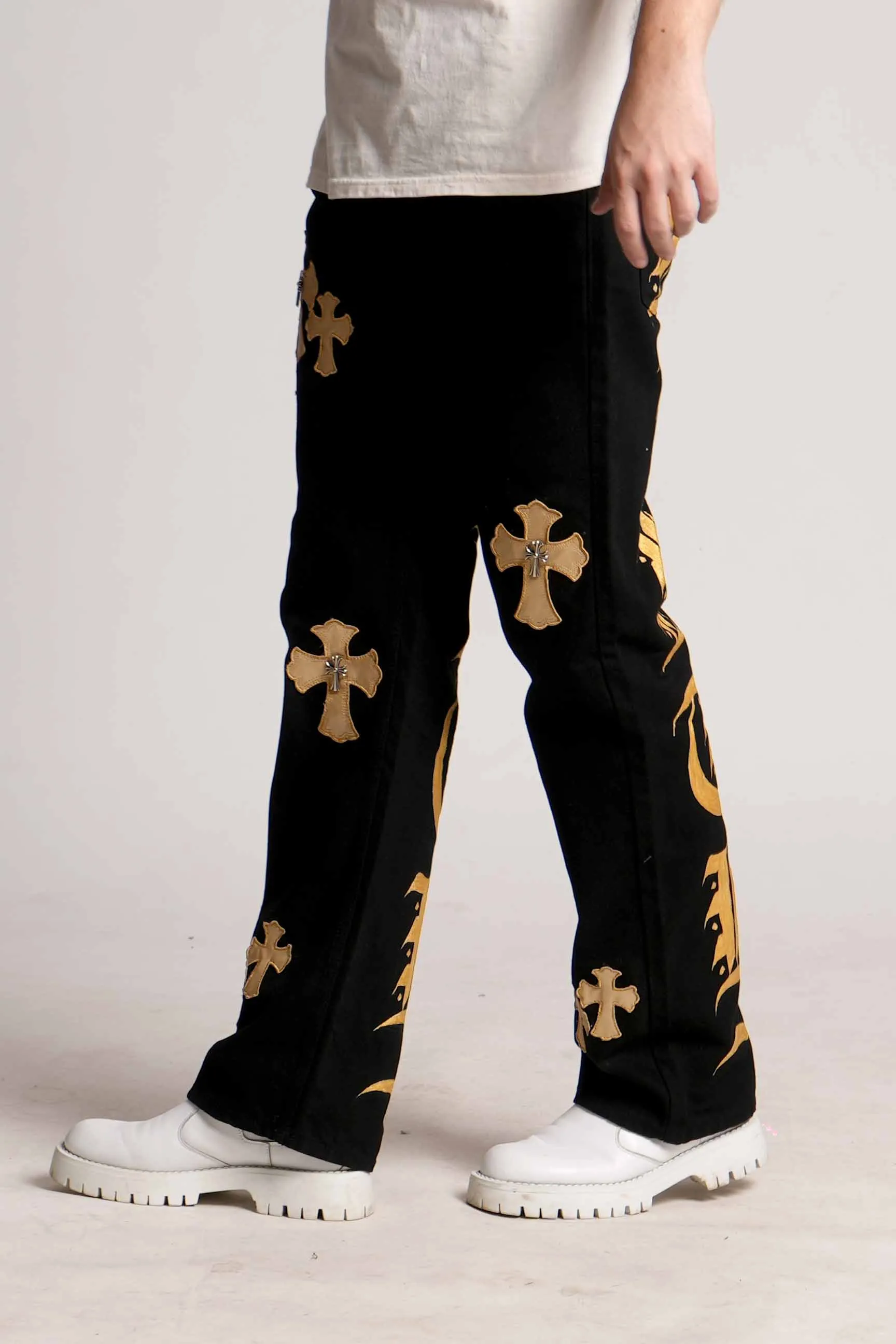 2023 ‘DIRTY MONEY ‘ GOLD METALLIC CROSS VALKYRE JEANS