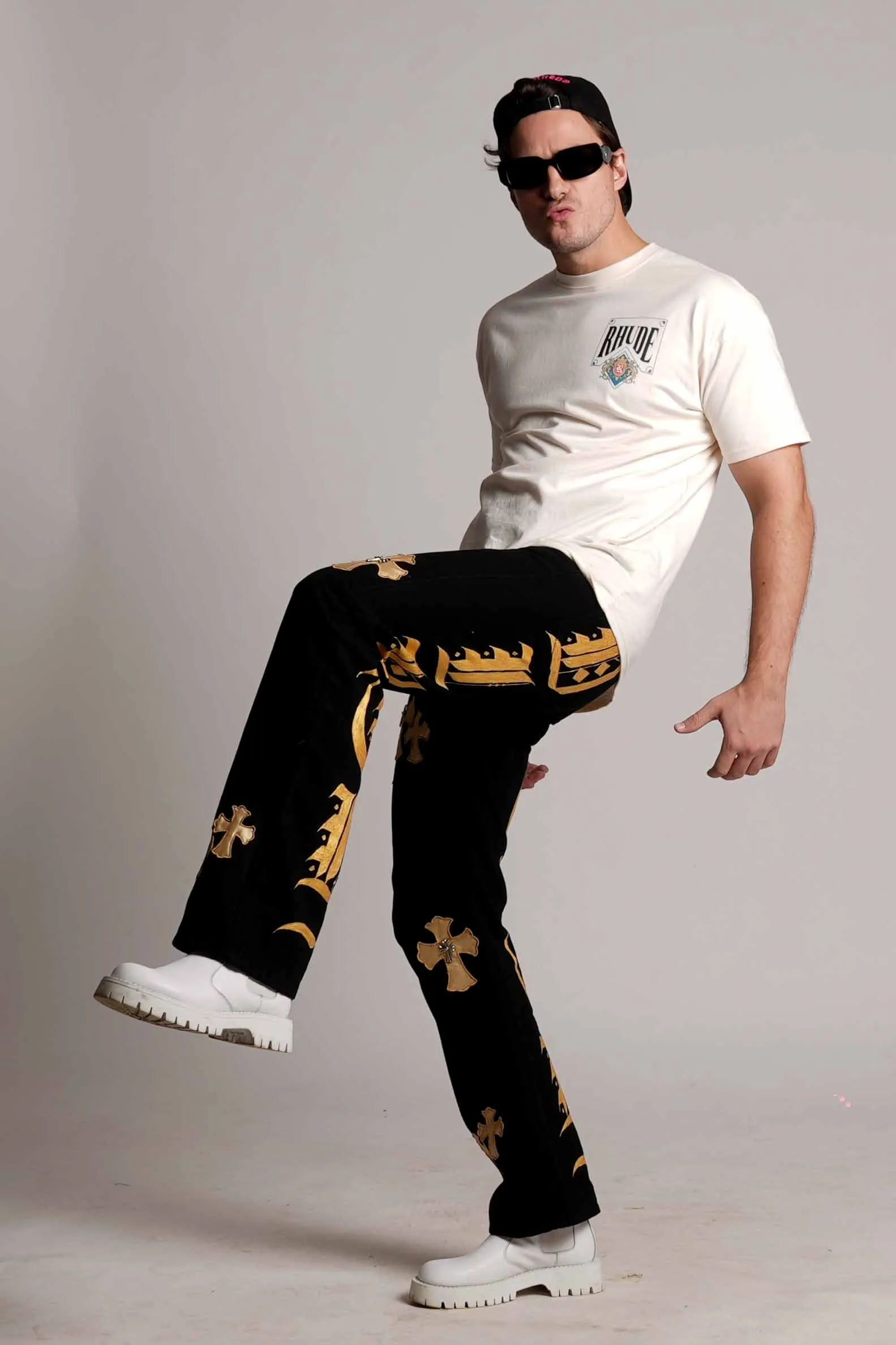 2023 ‘DIRTY MONEY ‘ GOLD METALLIC CROSS VALKYRE JEANS