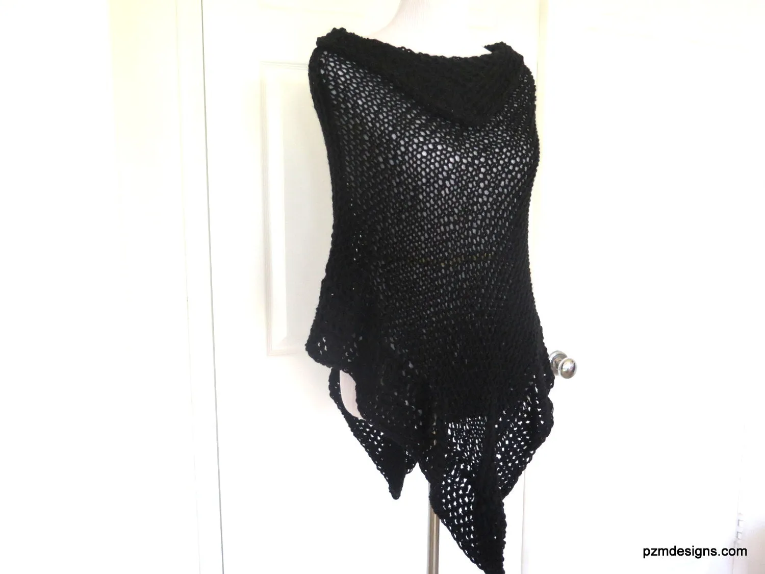 Black Asymmetric Hand Knit Poncho, Evening Black Wrap