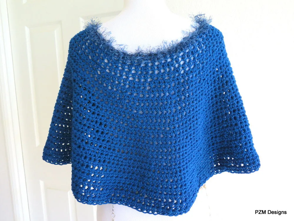 Blue Teal Poncho, Short Crochet Circle Poncho, Gift for Her
