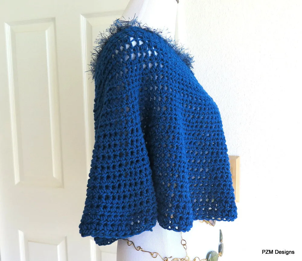 Blue Teal Poncho, Short Crochet Circle Poncho, Gift for Her
