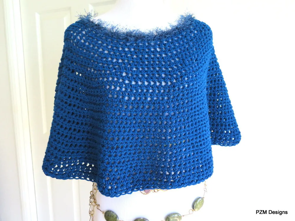 Blue Teal Poncho, Short Crochet Circle Poncho, Gift for Her