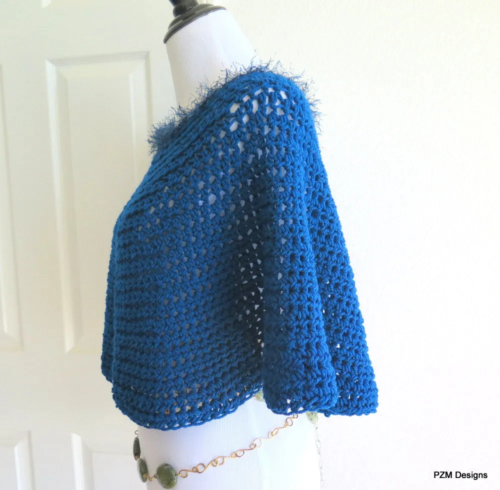 Blue Teal Poncho, Short Crochet Circle Poncho, Gift for Her
