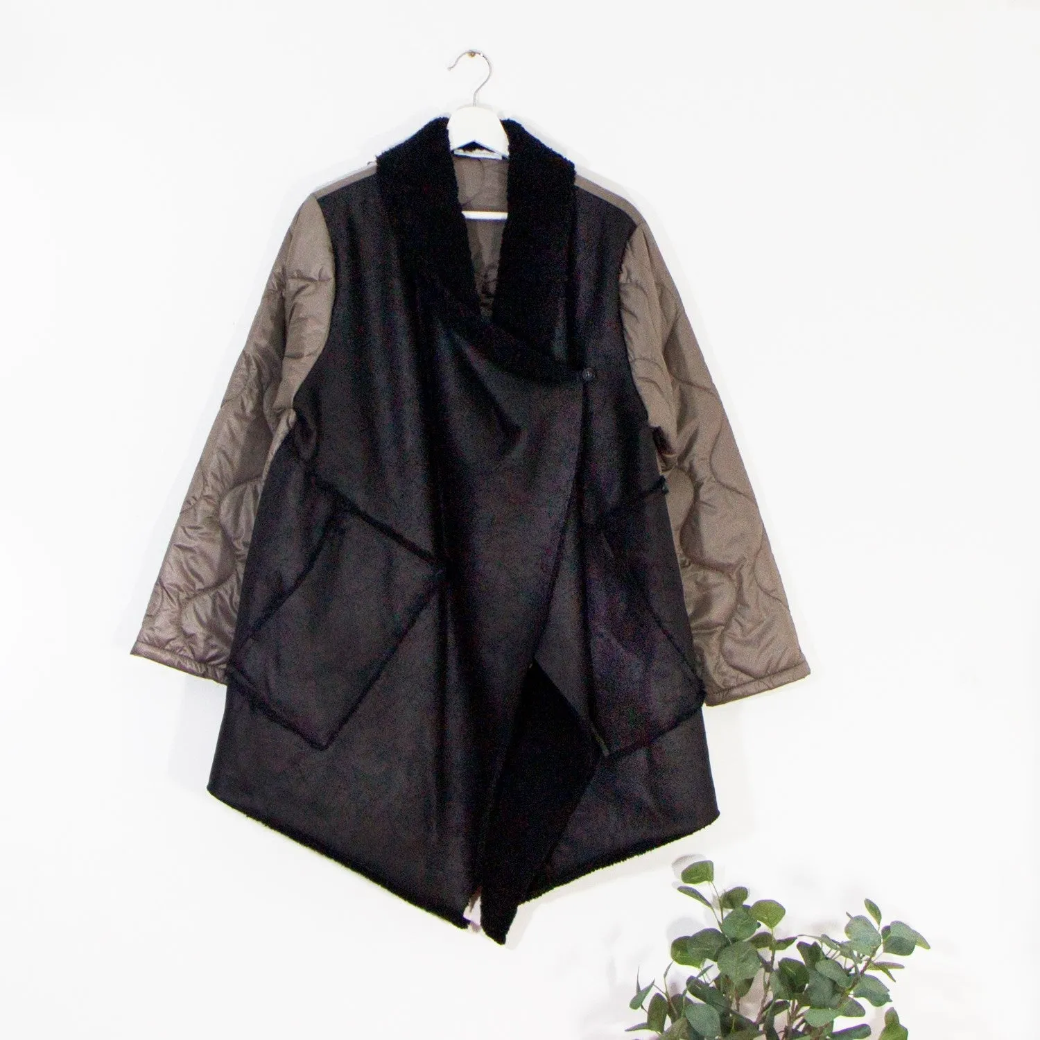 Crossover faux fur coat with puffa sleeves and pockets