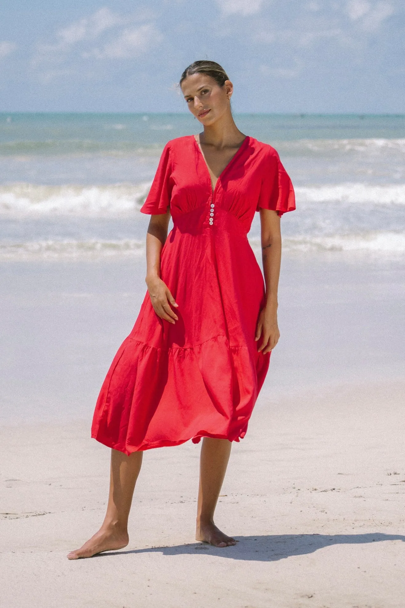 Elivia Red Flared Sleeve Midi Dress