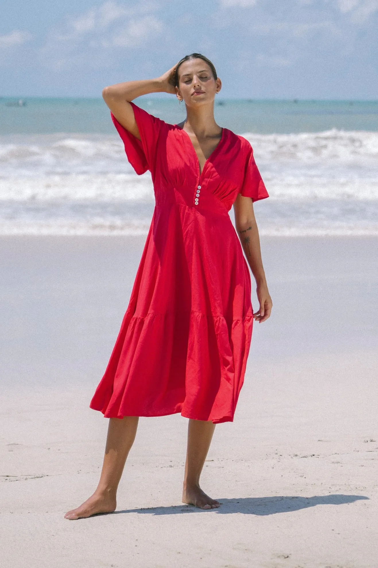 Elivia Red Flared Sleeve Midi Dress