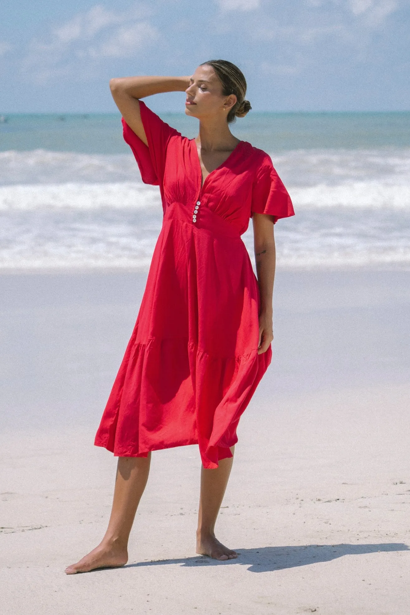 Elivia Red Flared Sleeve Midi Dress