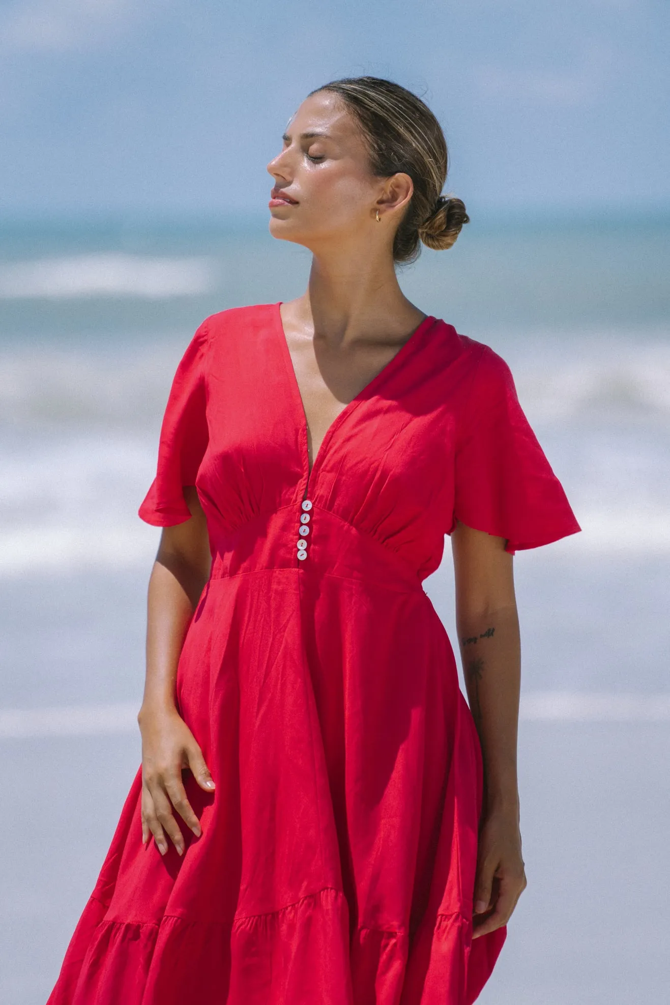Elivia Red Flared Sleeve Midi Dress