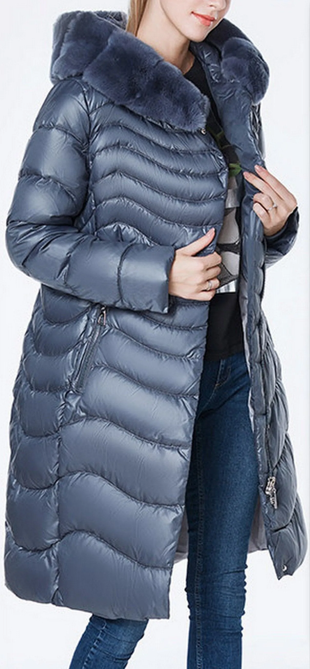 Fur Hooded Wave Puffer Coat, Grey/Blue