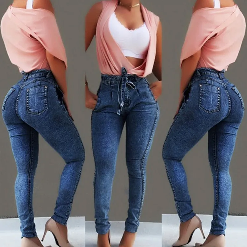 High Waist Jeans Women Streetwear Bandage Denim Plus Size Jeans Femme Pencil Pants Skinny Jeans