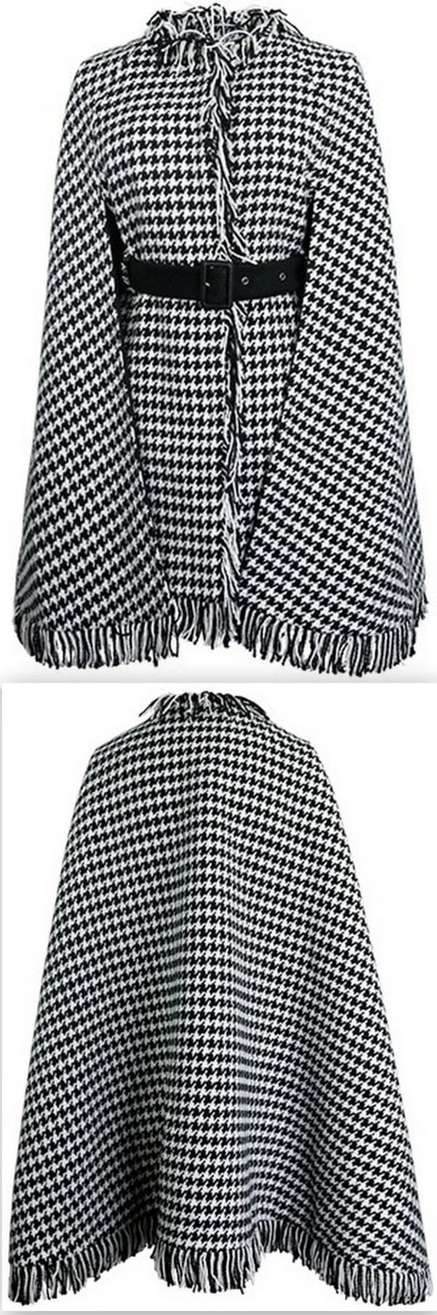 Houndstooth Fringed Poncho Coat