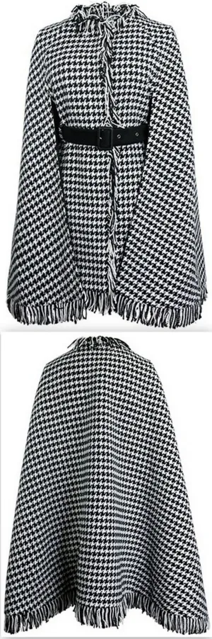 Houndstooth Fringed Poncho Coat