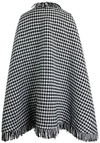 Houndstooth Fringed Poncho Coat