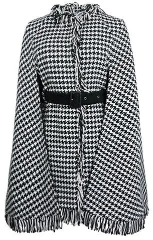 Houndstooth Fringed Poncho Coat