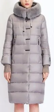 Long Puffer Coat with Rabbit Fur Hood in Grey