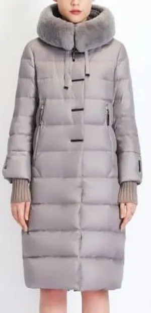 Long Puffer Coat with Rabbit Fur Hood in Grey