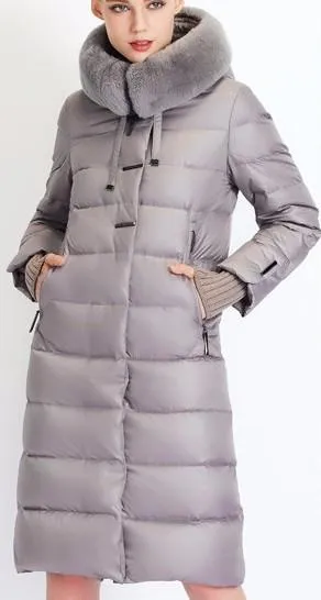 Long Puffer Coat with Rabbit Fur Hood in Grey