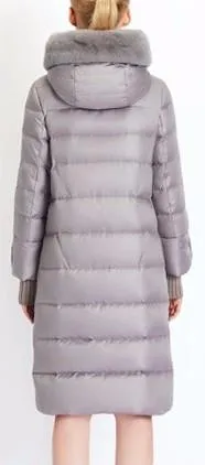 Long Puffer Coat with Rabbit Fur Hood in Grey