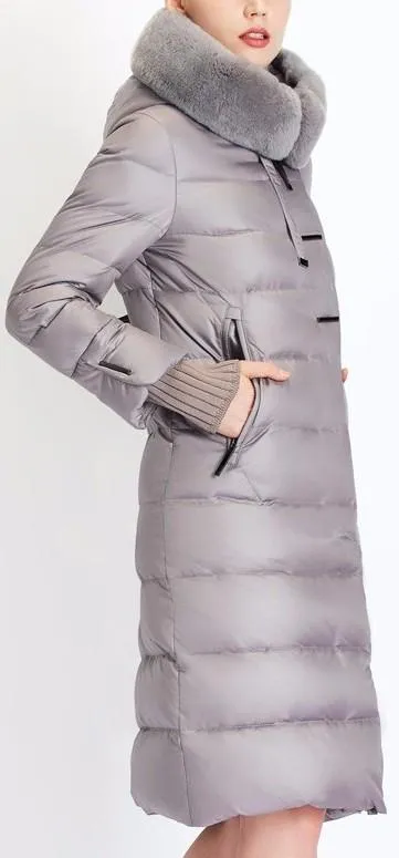 Long Puffer Coat with Rabbit Fur Hood in Grey