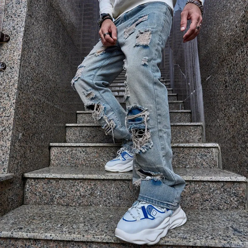 Men's Distressed Loose-Fit Ripped Straight Cut Jeans