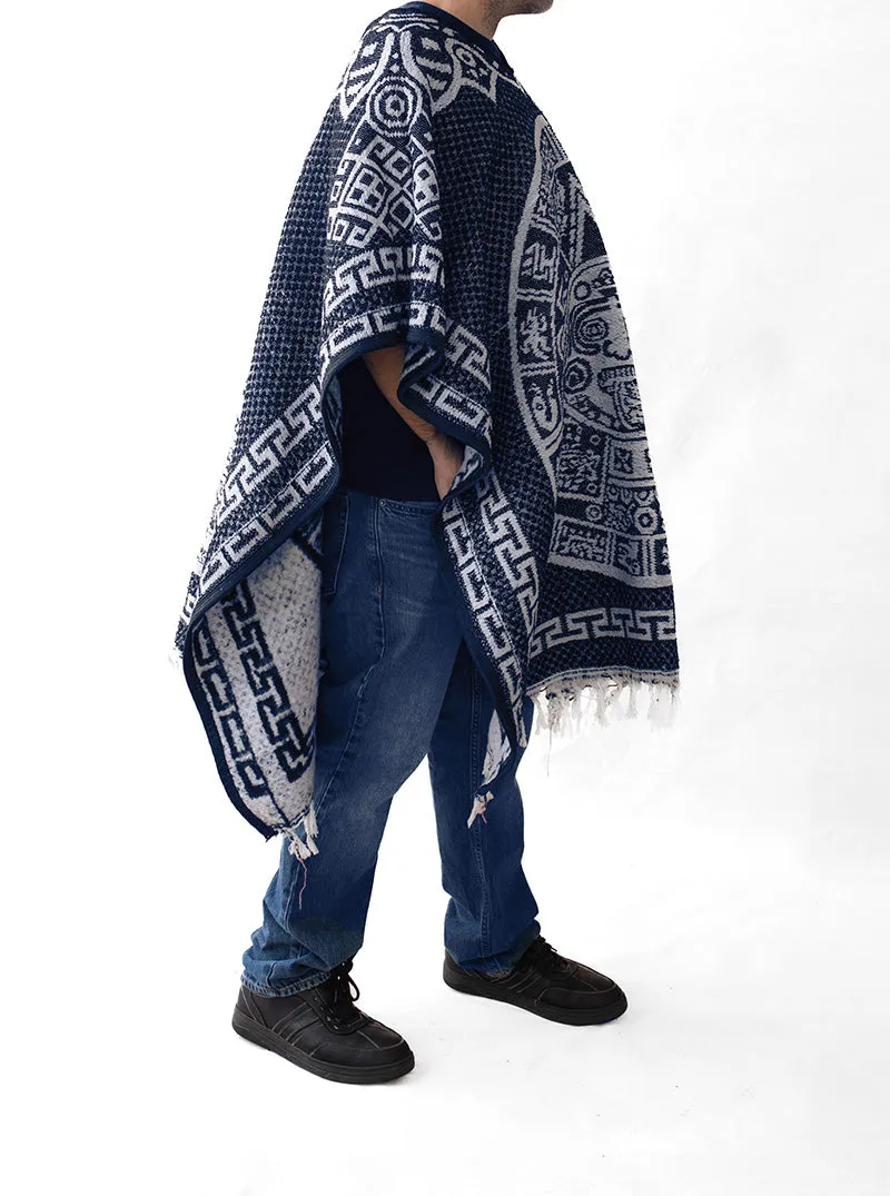 Mexican Poncho for Men - Aztek Calendar - BLUE