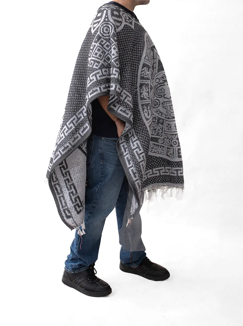 Mexican Poncho for Men - Aztek Calendar - GREY
