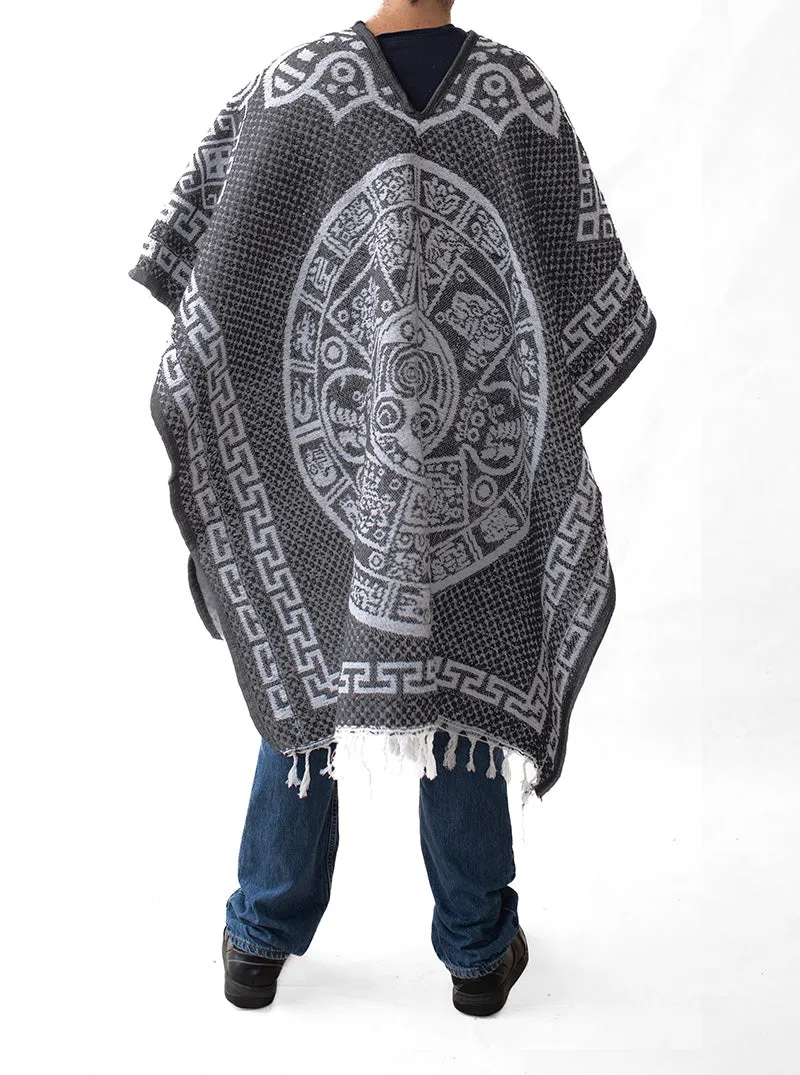 Mexican Poncho for Men - Aztek Calendar - GREY