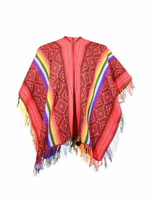 Peruvian Traditional Wool Blend Poncho - Red/Black/Rainbow