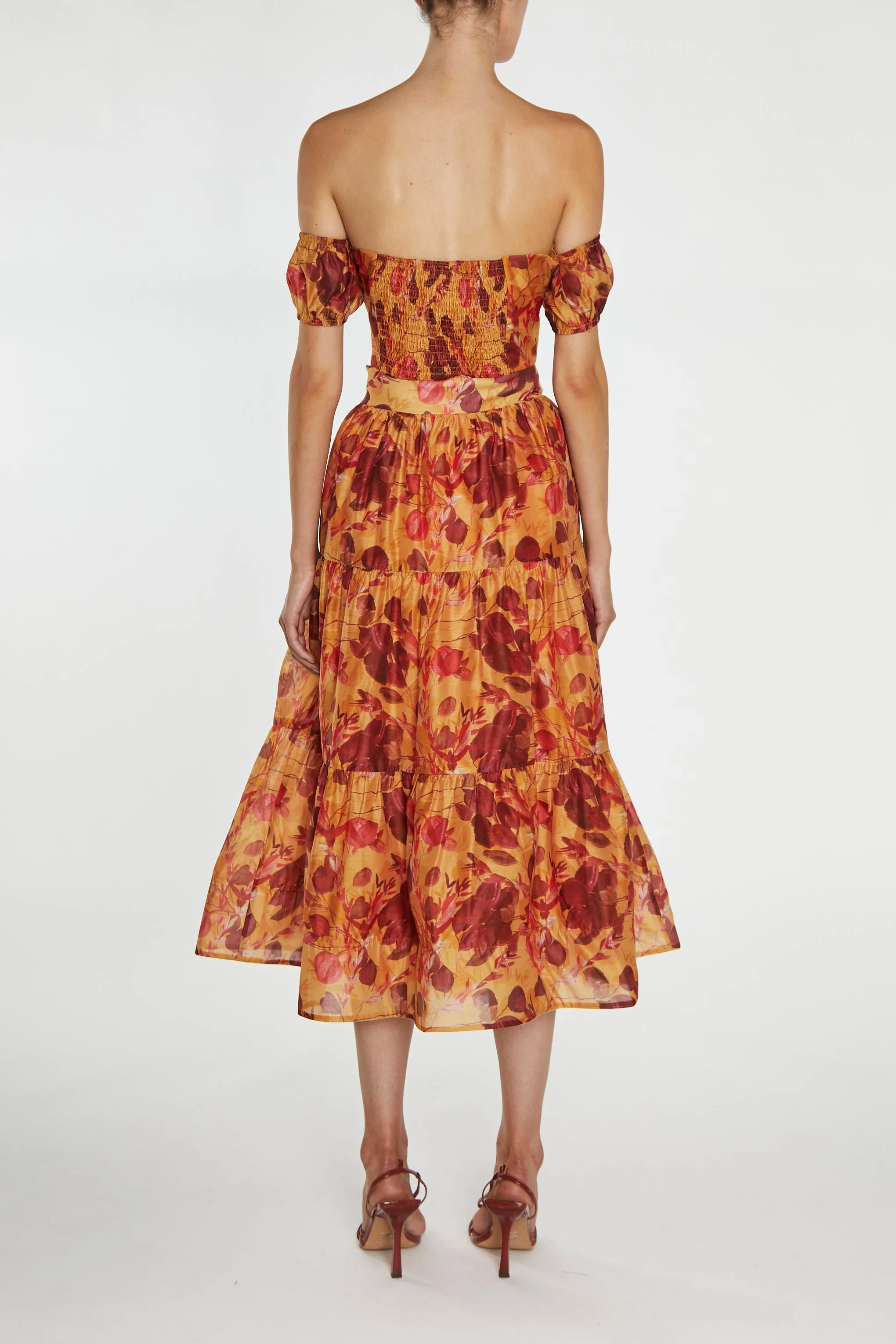 Phoebe Co-ord Golden Leaf-Print Tiered Midi Skirt