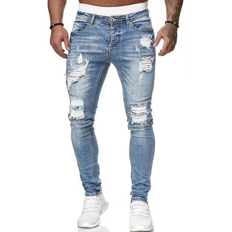 Ripped Skinny Jeans Men Solid Denim*