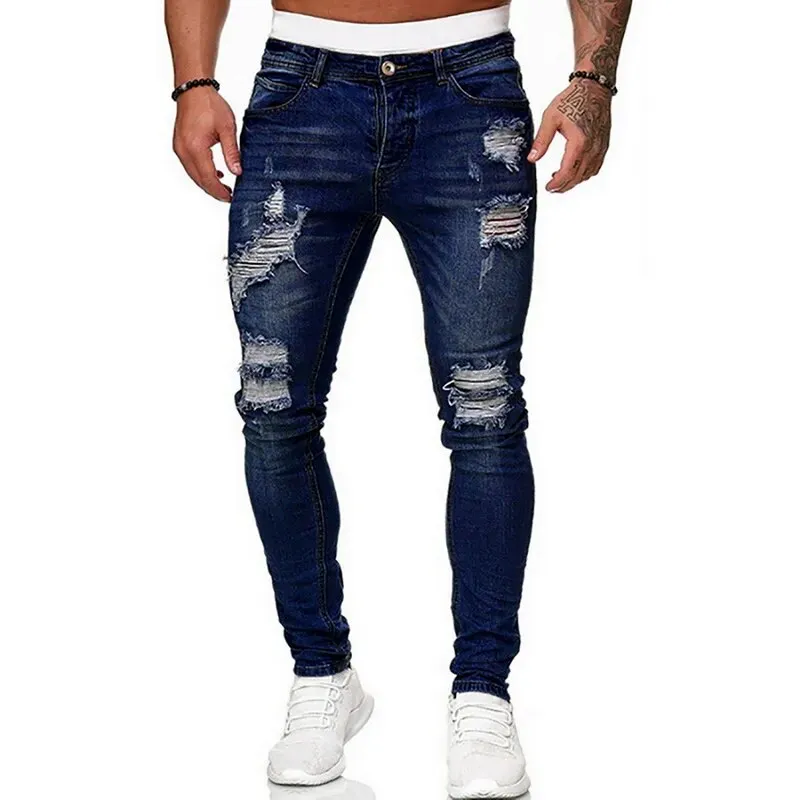 Ripped Skinny Jeans Men Solid Denim*