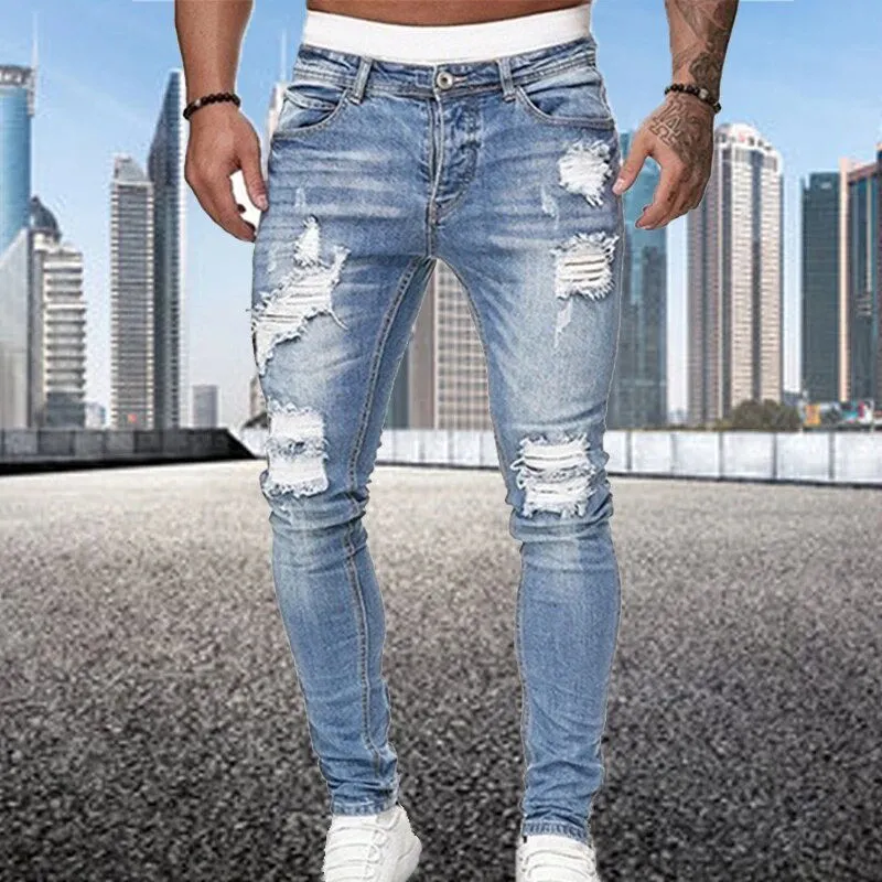 Ripped Skinny Jeans Men Solid Denim*