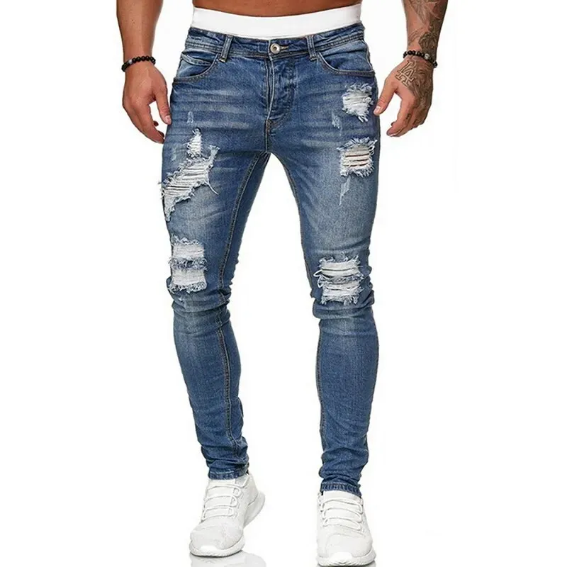 Ripped Skinny Jeans Men Solid Denim*