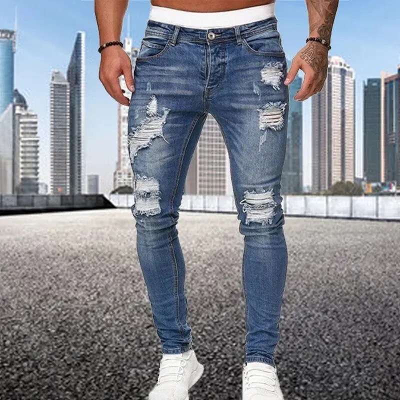 Ripped Skinny Jeans Men Solid Denim*
