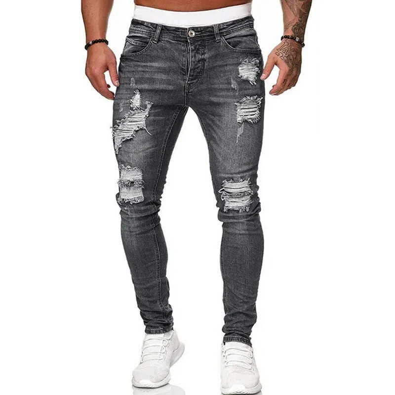 Ripped Skinny Jeans Men Solid Denim*