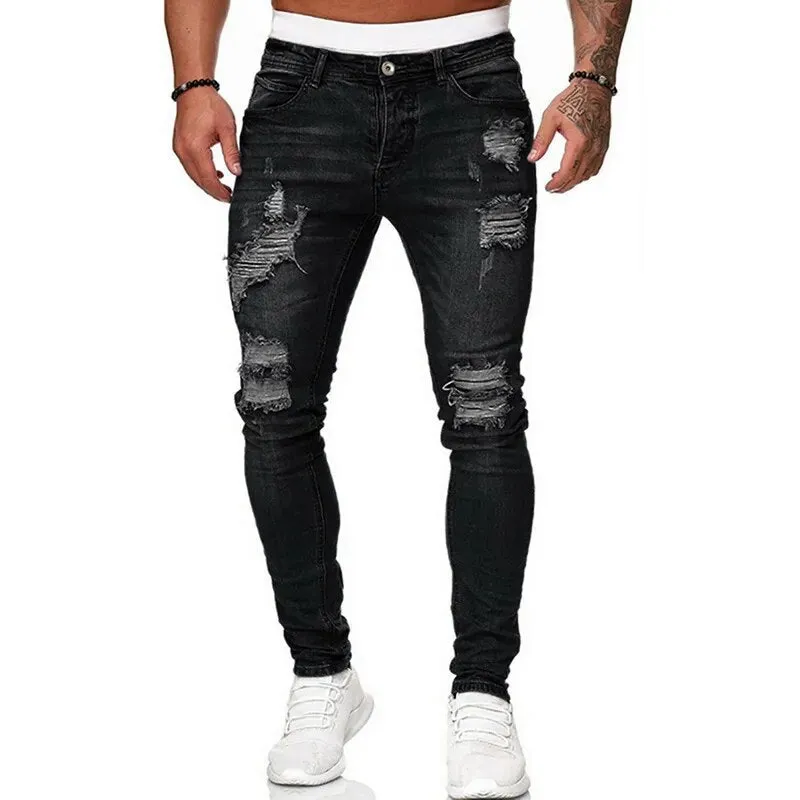 Ripped Skinny Jeans Men Solid Denim*