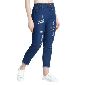 Roll Up Dark Blue Drawstring Printed Jeans