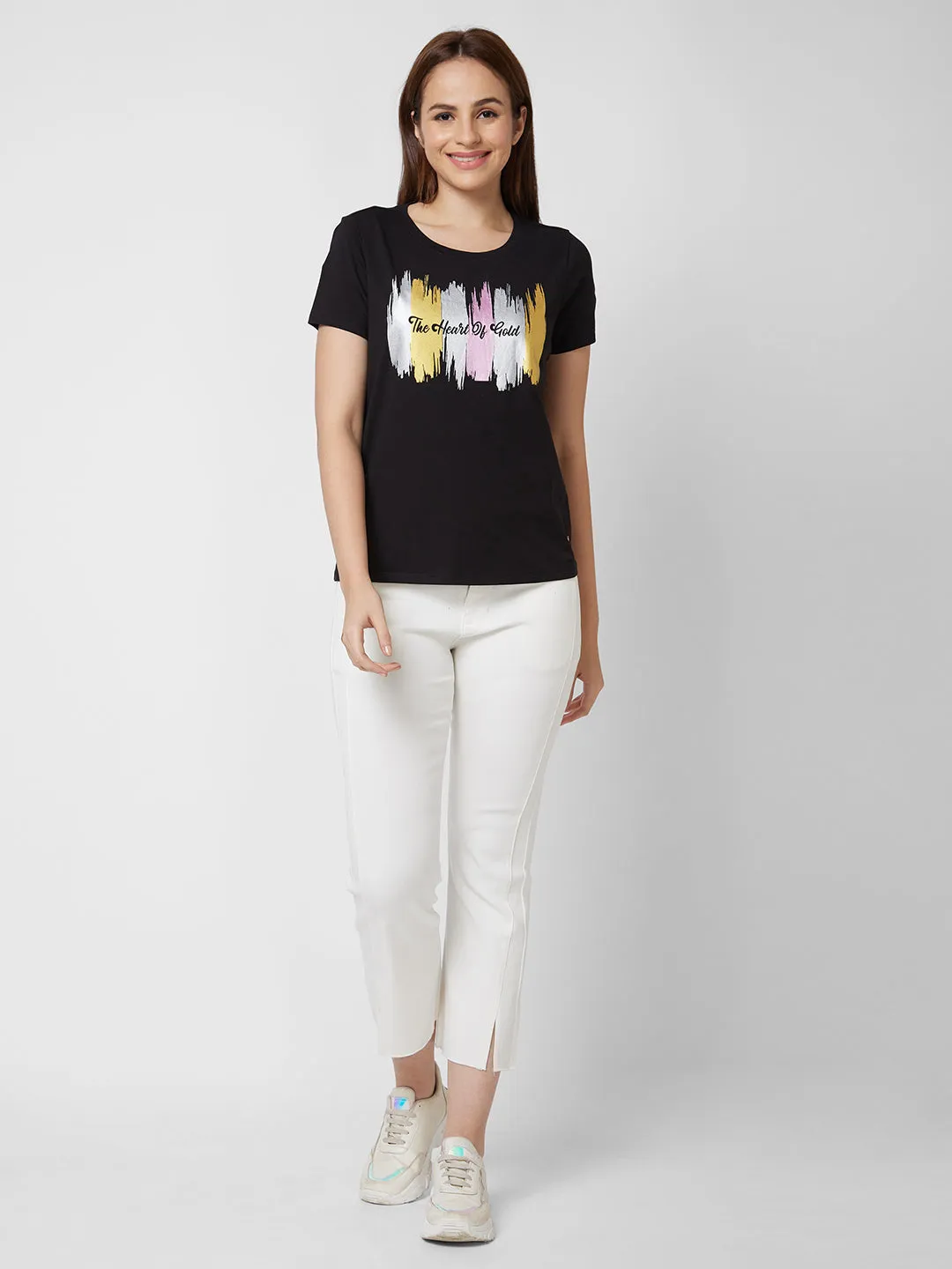 Spykar Round Neck Half Sleeve Black Printed T-Shirt For Women