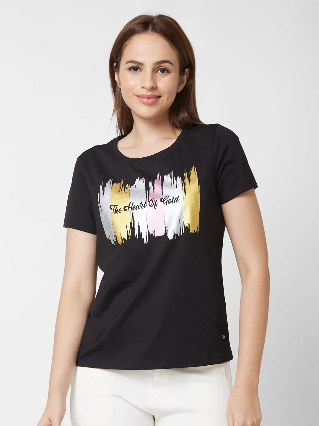 Spykar Round Neck Half Sleeve Black Printed T-Shirt For Women