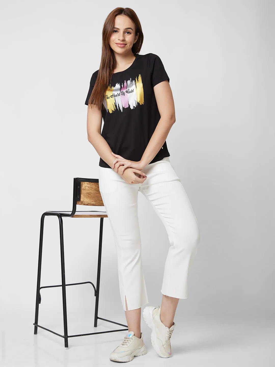 Spykar Round Neck Half Sleeve Black Printed T-Shirt For Women