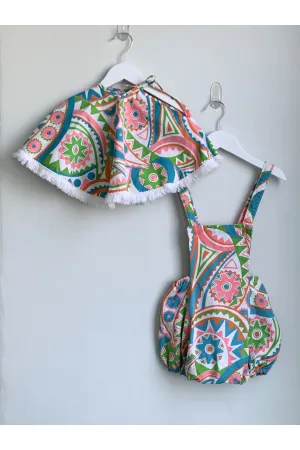 Vintage 70's Colorful Geometric Print Bubble Romper & Poncho Set - Approx 3