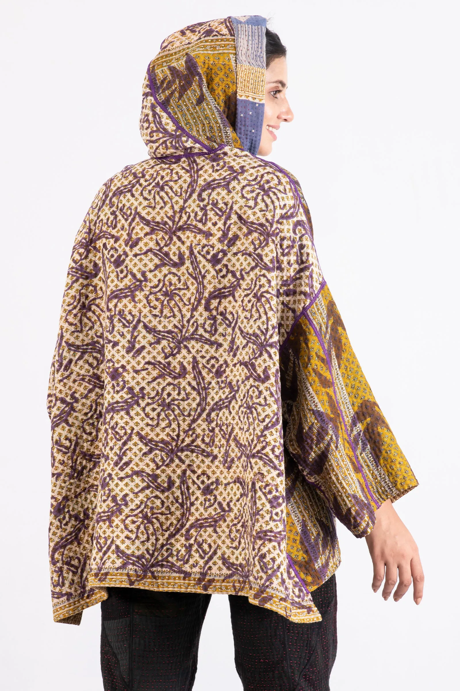 VINTAGE COTTON KANTHA HOODIE PONCHO